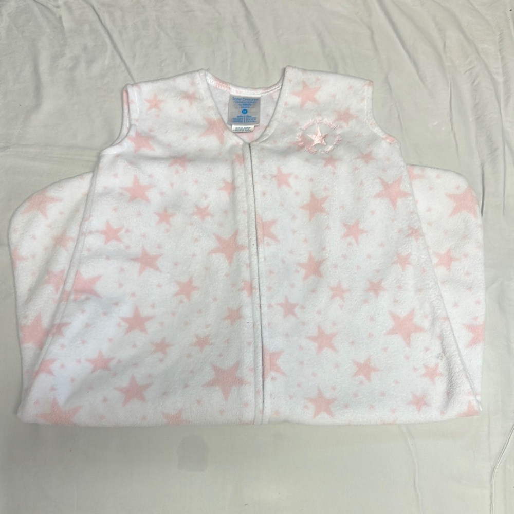 🐥 Halo - Pink and White Star fleece Sleep Sack with reverse Zipper. 6-12 months